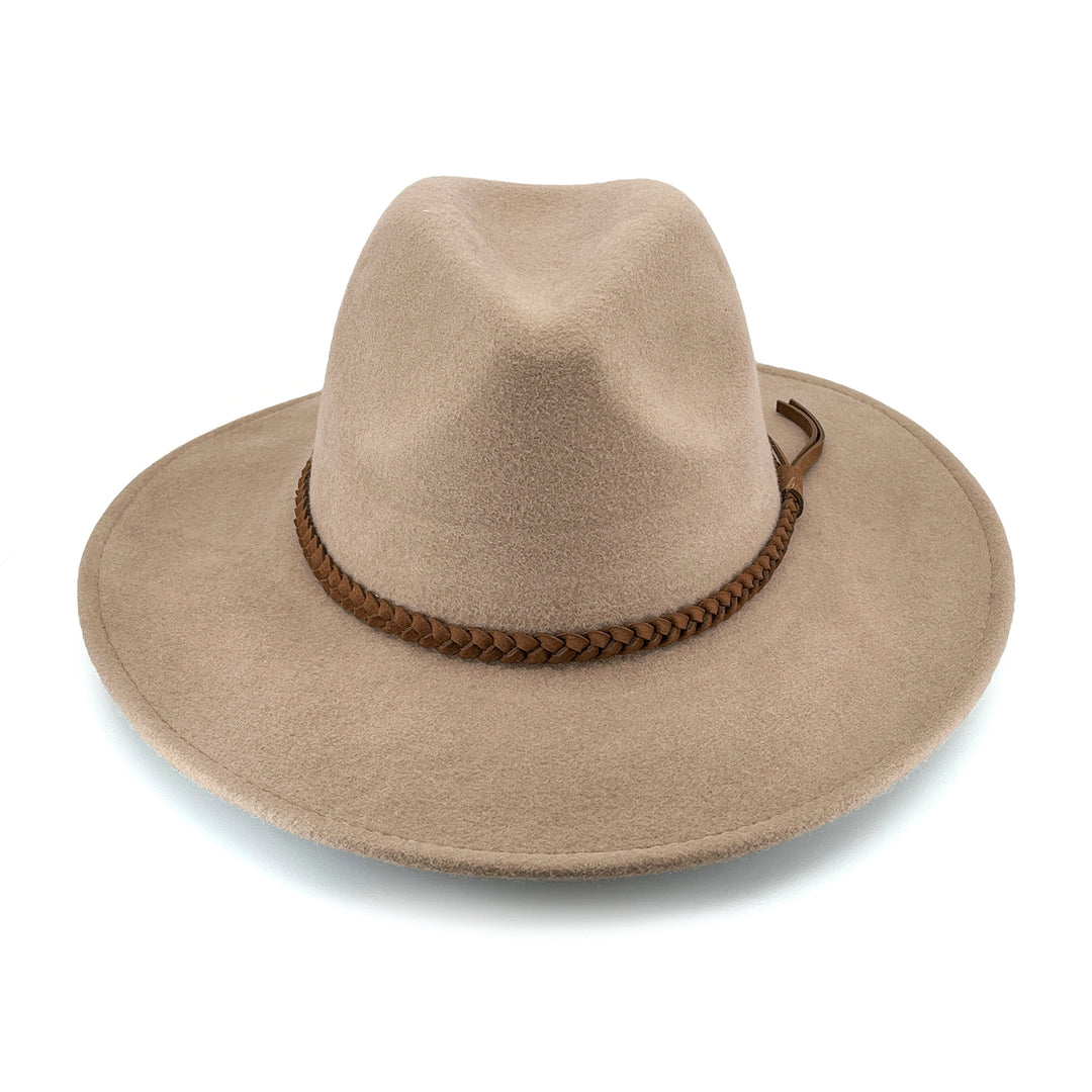 Blake Felt Fedora in mushroom colour, front view highlighting structured crown and wide brim