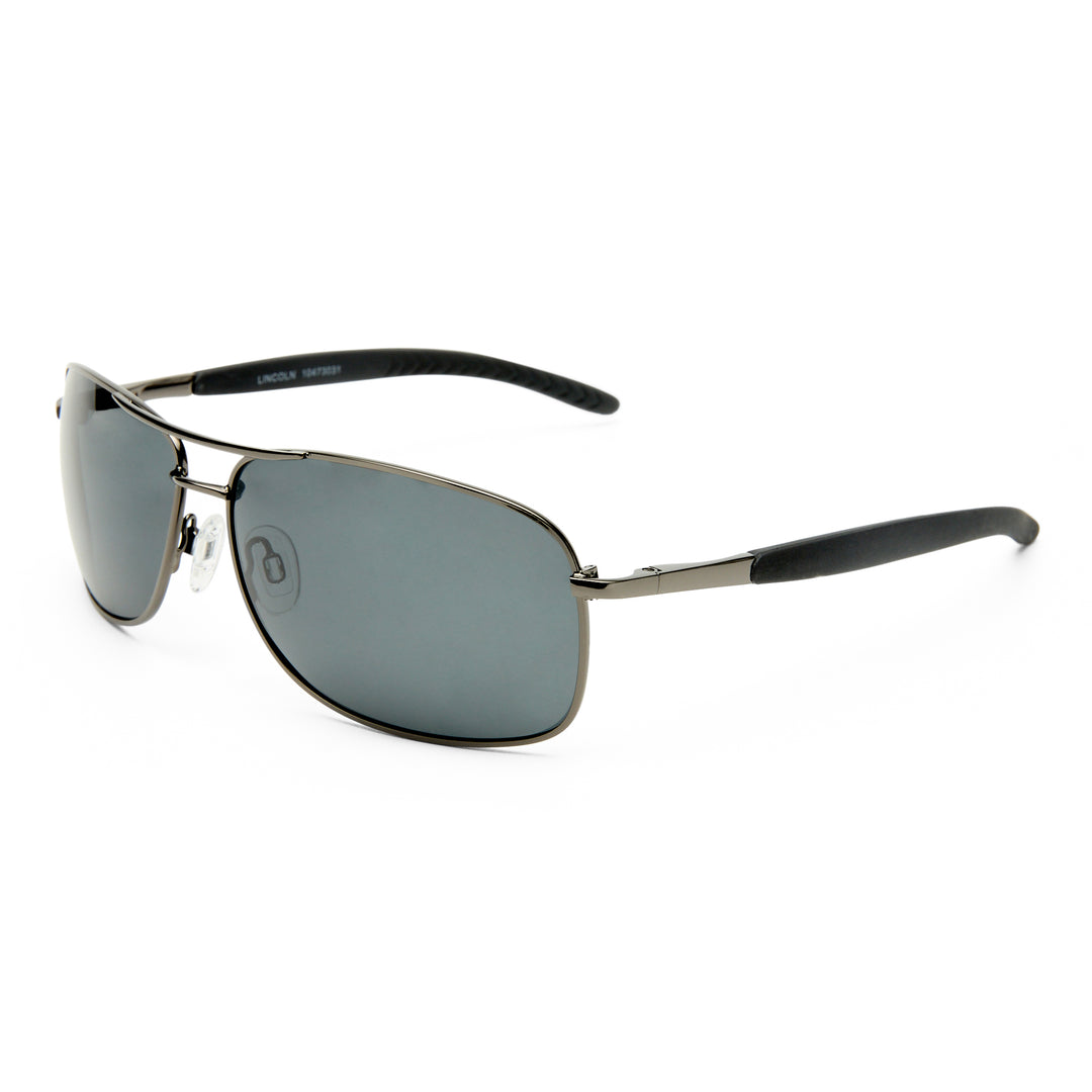 Lincoln sunglasses in gunmetal, angled view highlighting frame structure and temples