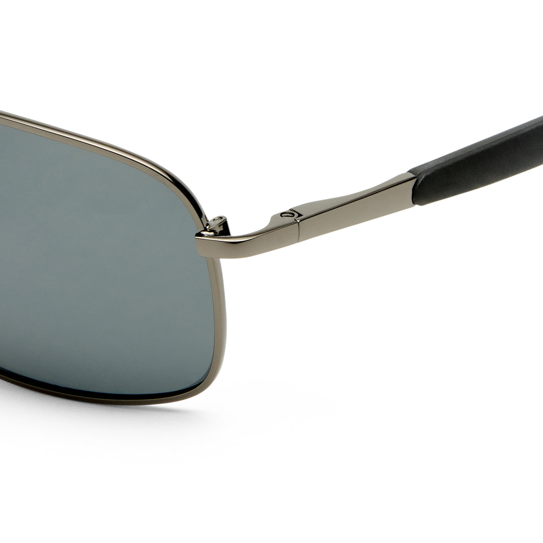 Lincoln sunglasses in gunmetal, close-up detail of frame and temple showing metallic finish and construction detail