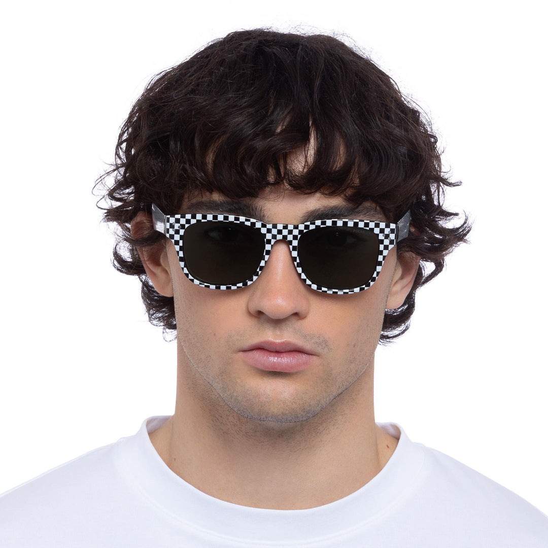 Cancer Council | Noddy Youth Sunglasses - Male Model Front | Black White Check | UPF50+ Protection