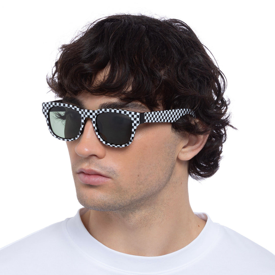 Cancer Council | Noddy Youth Sunglasses - Male Model Angle | Black White Check | UPF50+ Protection
