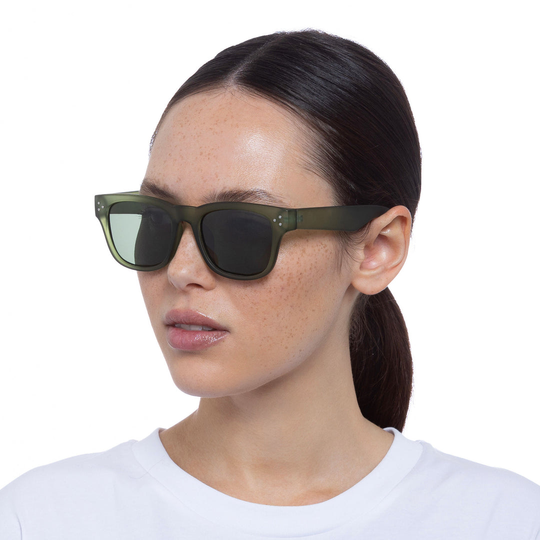 Cancer Council | Noddy Youth Sunglasses - Female Model Angle | Matte Khaki | UPF50+ Protection