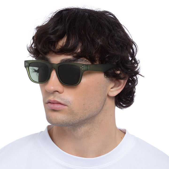 Cancer Council | Noddy Youth Sunglasses - Male Model Angle | Matte Khaki | UPF50+ Protection