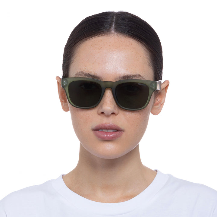 Cancer Council | Noddy Youth Sunglasses - Female Model Front | Matte Khaki | UPF50+ Protection
