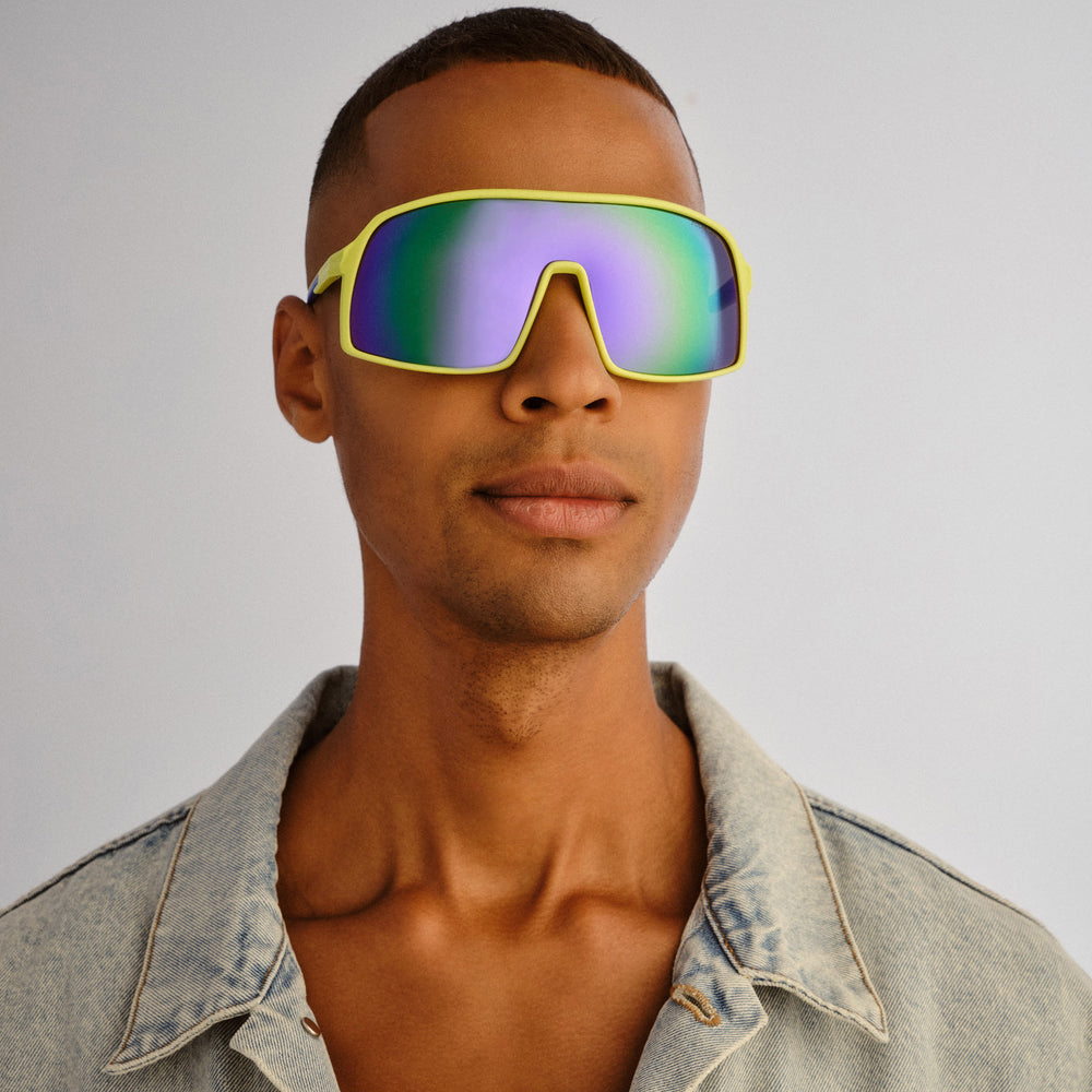 Cancer Council | Outfield Shield Sunglasses | Neon Green/Cobalt | Model