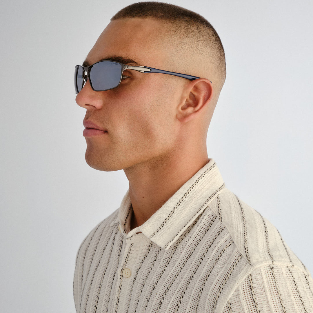 Side profile of male model wearing Leederville sunglasses in Gunmetal