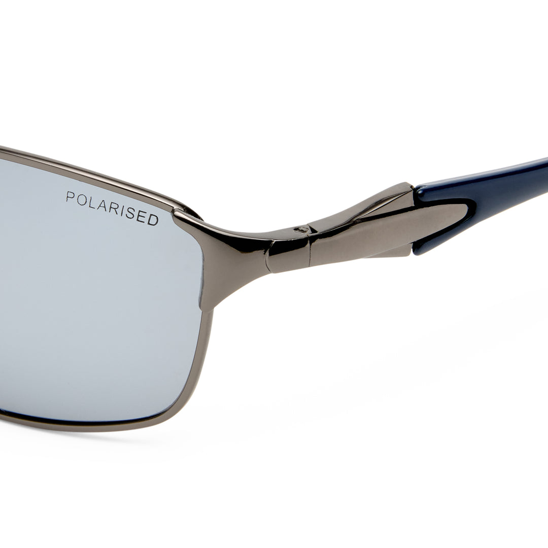 Leederville sunglasses temple detail showing Gunmetal metal arms and hinge design