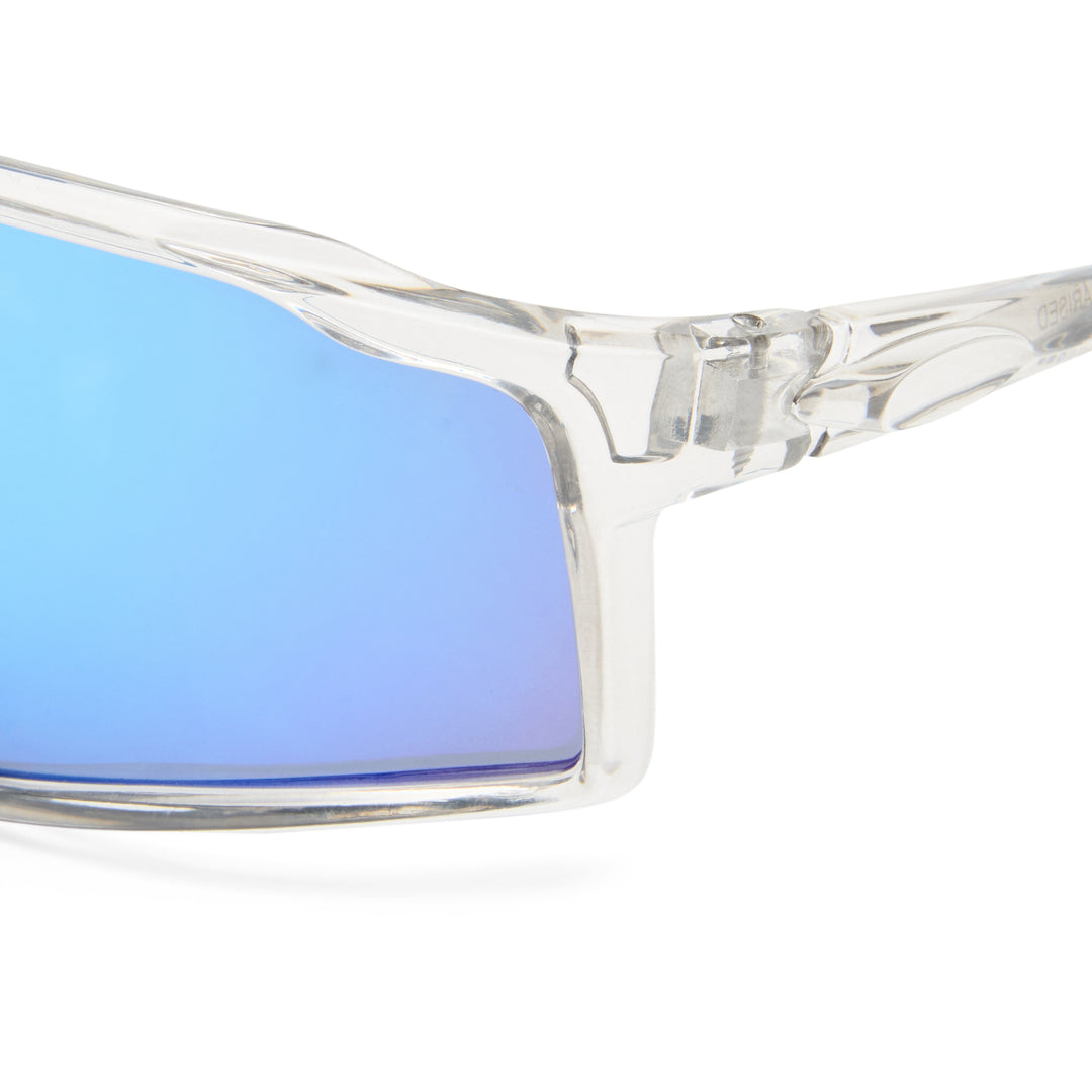 Nedlands sunglasses in clear, close-up detail of frame and temple showing transparent finish and construction details