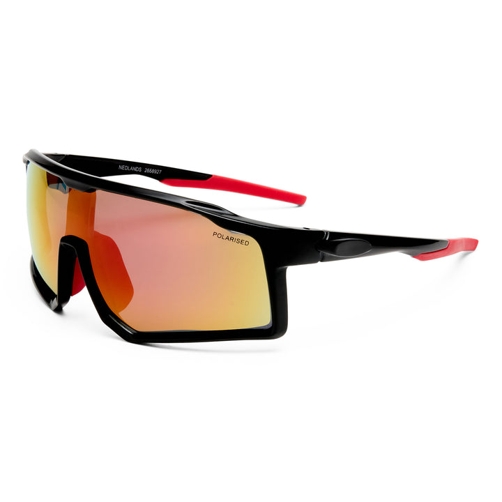 Three‑quarter angle of Nedlands sunglasses in Black shield‑style design