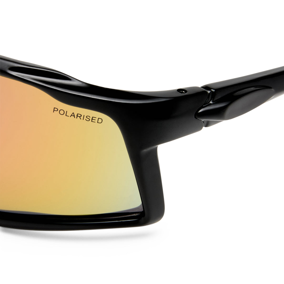 Nedlands sunglasses temple detail showing Black shield‑style arm and hinge design