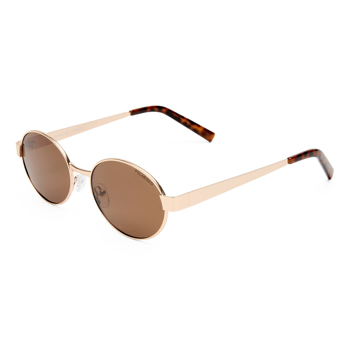 Three‑quarter angle of Norwood sunglasses in Gold round metal design with tort arms