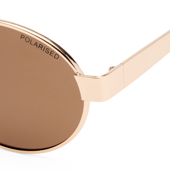Norwood sunglasses temple detail showing Gold metal arms and hinge design