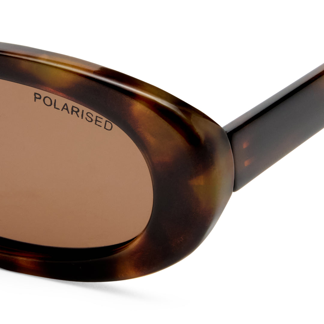 Northbridge sunglasses temple detail showing Amber Tort pattern