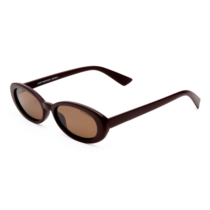 Three‑quarter angle of Northbridge sunglasses in Matte Mulberry finish