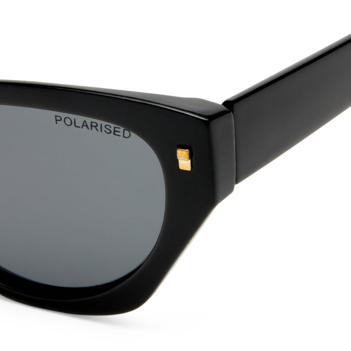 Swanbourne sunglasses temple detail showing Black finish with gold details