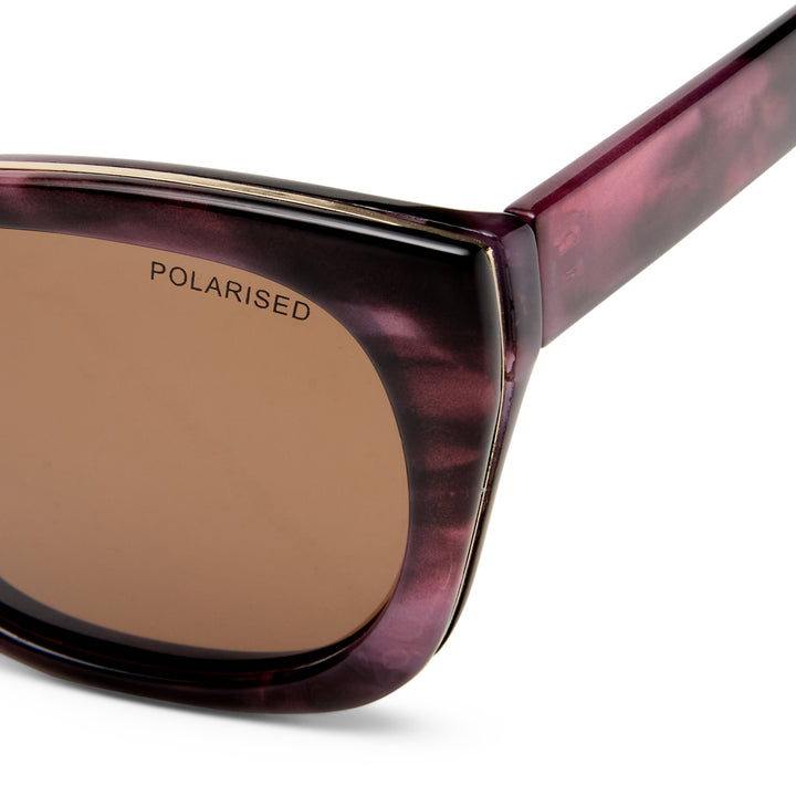 Teneriffe sunglasses temple detail showing Purple Haze with gold details and smooth finish