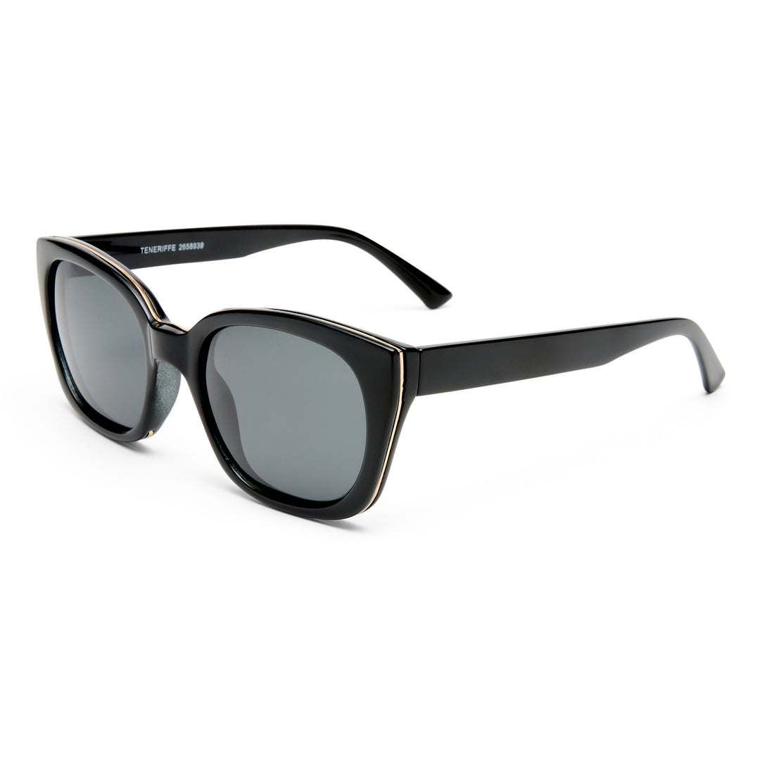 Teneriffe sunglasses in black, angled view highlighting frame structure and gold details