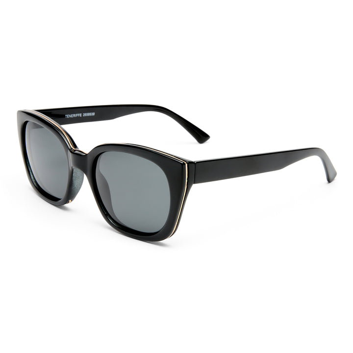 Teneriffe sunglasses in black, angled view highlighting frame structure and gold details