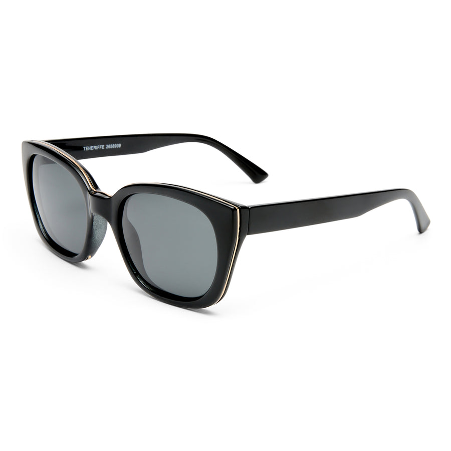Teneriffe sunglasses in black, angled view highlighting frame structure and gold details