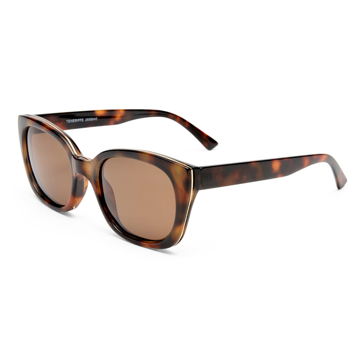 Teneriffe sunglasses in amber tort with gold detailing, angled view highlighting frame structure and gold accents