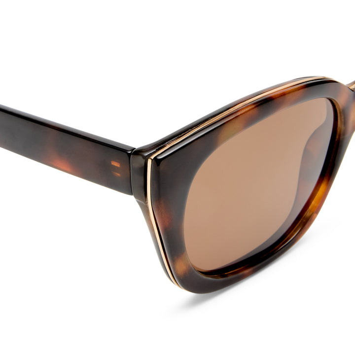 Teneriffe sunglasses in amber tort with gold detailing, close-up detail of frame and temple showing tort finish and metal accents