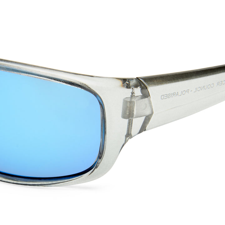 Dundee sunglasses temple detail showing transparent clear finish