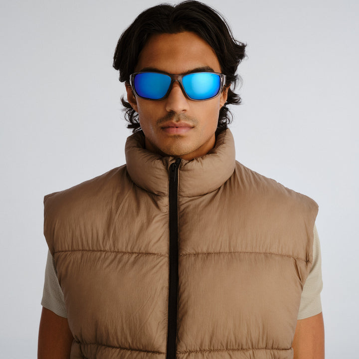 Male model wearing Dundee sunglasses in Clear, front view