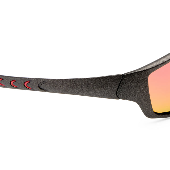 Barton sunglasses temple detail showing Matte Metallic Grey finish with red