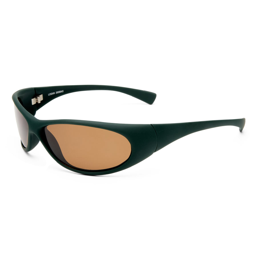 Three‑quarter angle of Logan sunglasses in Rubber Khaki finish