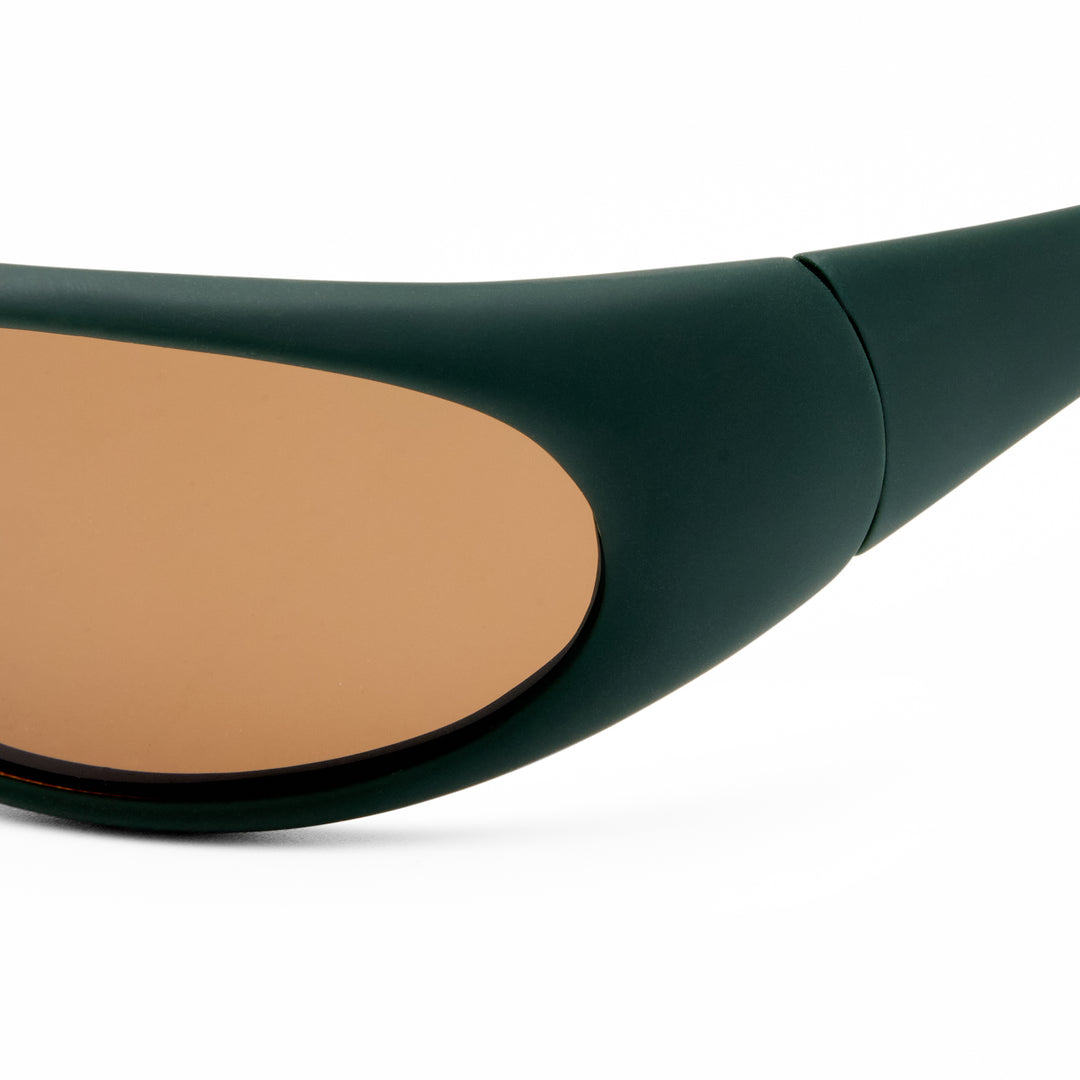 Close‑up of Logan sunglasses highlighting Rubber Khaki frame texture