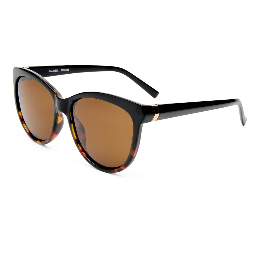 Three‑quarter angle of Calwell sunglasses in Black/Tort Splice colourway