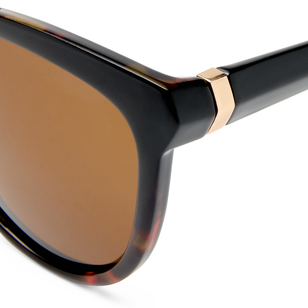Close‑up of Calwell sunglasses highlighting Black/Tort Splice texture and gold hinge