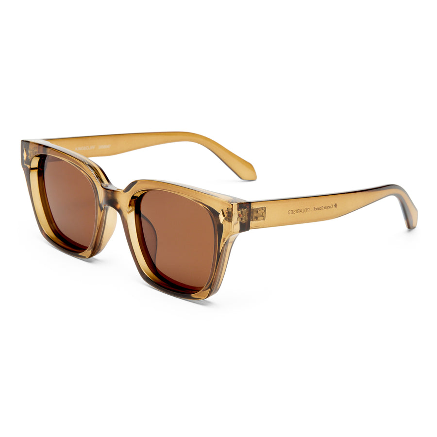 Brown sunglasses with a clear frame on a white background