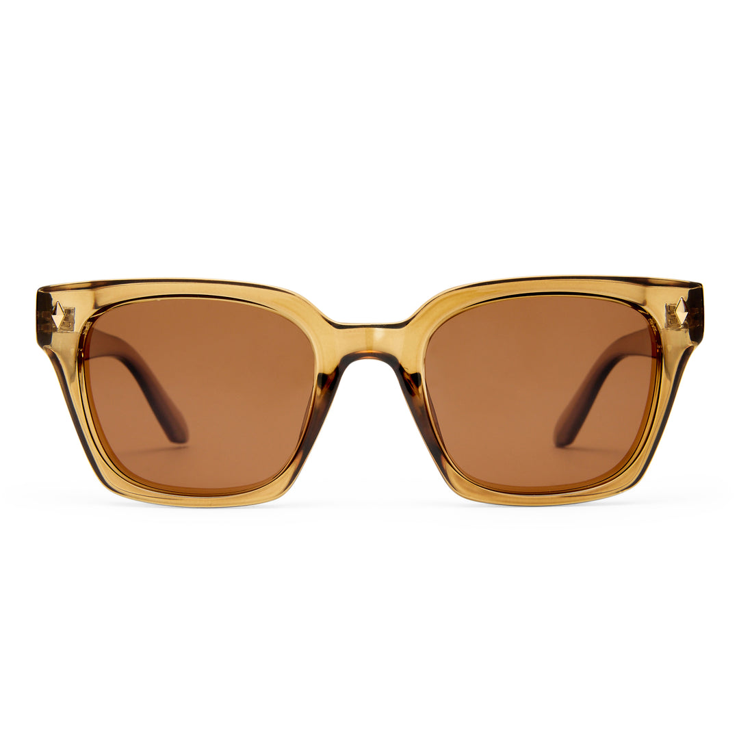 Brown sunglasses with a clear frame on a white background