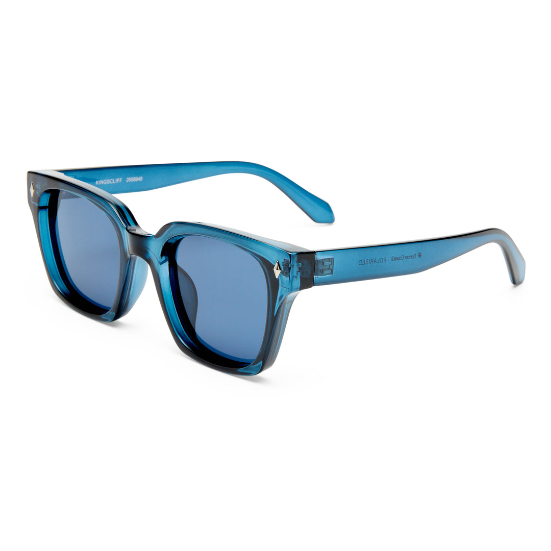 Blue Kingscliff sunglasses with a white background