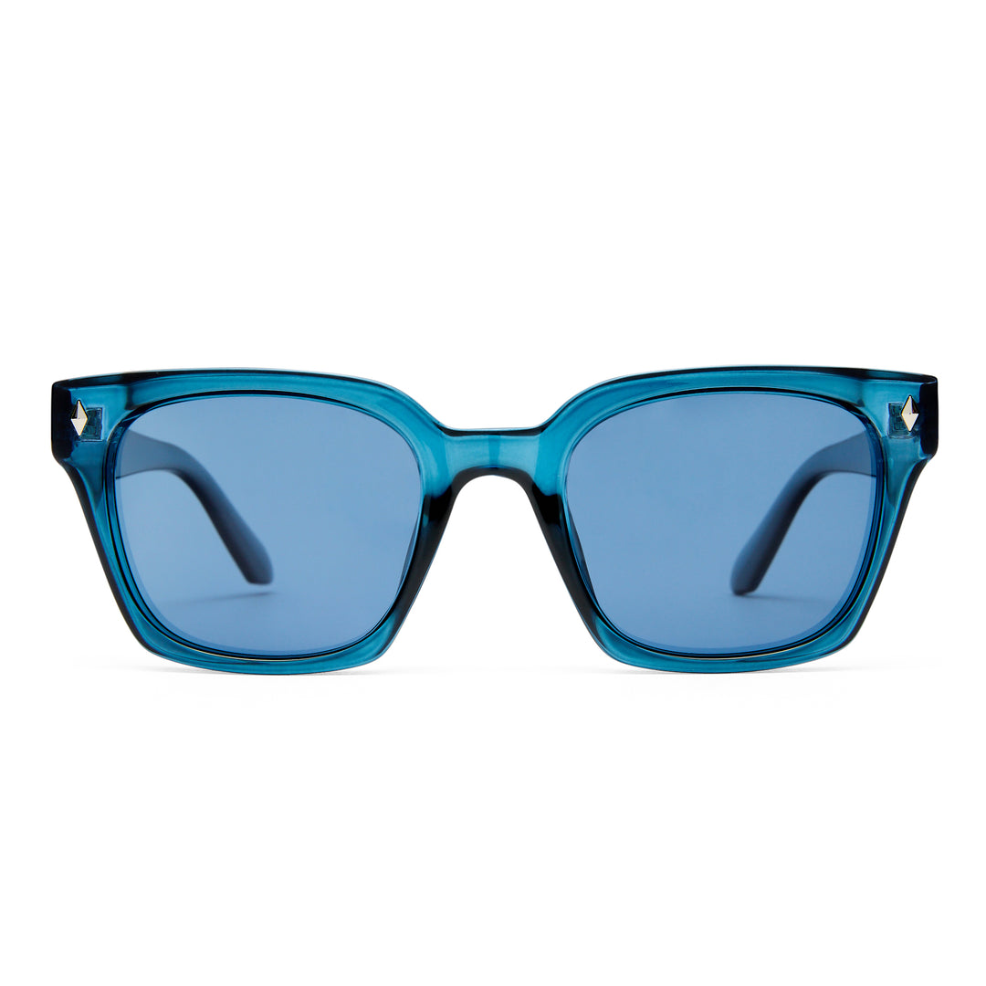 Blue Kingscliff sunglasses with a clear frame on a white background