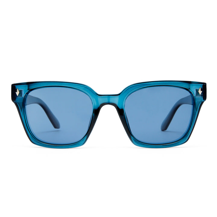 Blue Kingscliff sunglasses with a clear frame on a white background