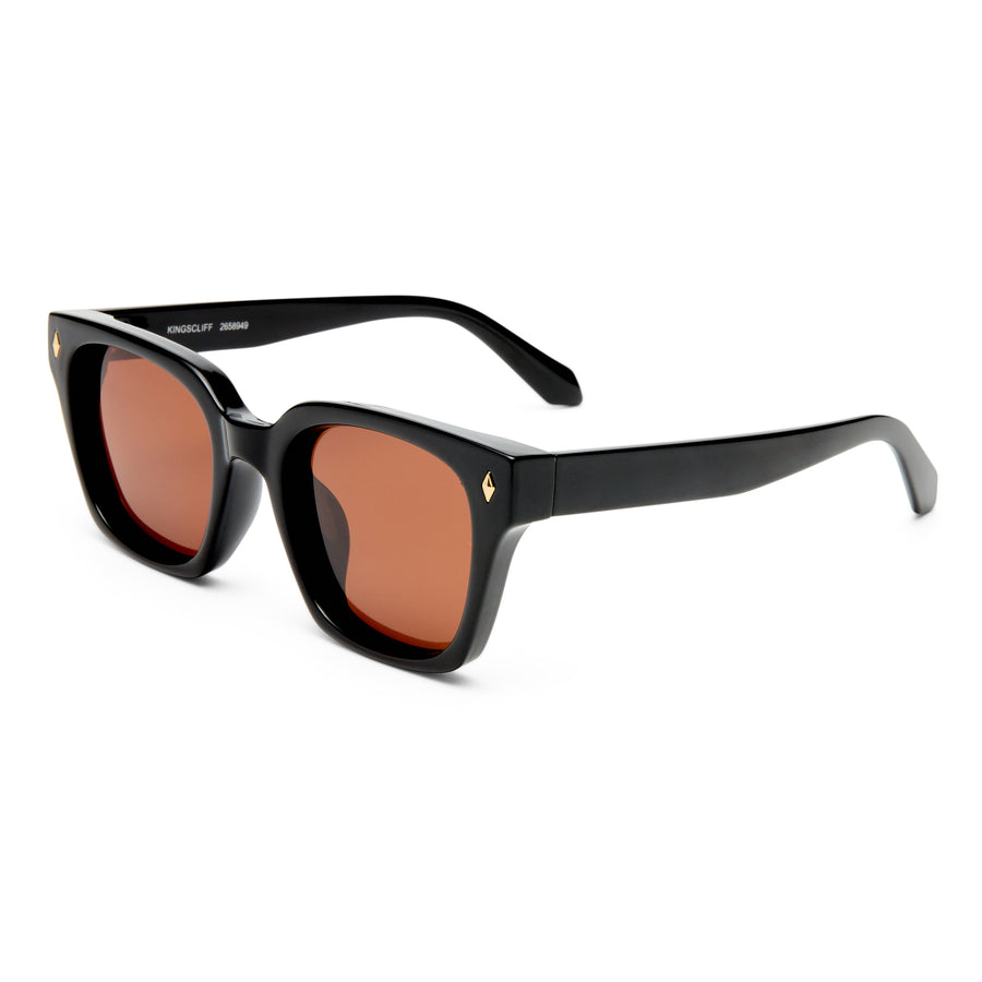 Black Kingscliff sunglasses with brown lenses on a white background