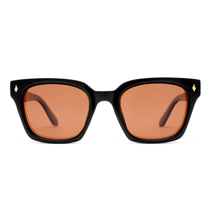 Black sunglasses with brown lenses on a white background, front facing