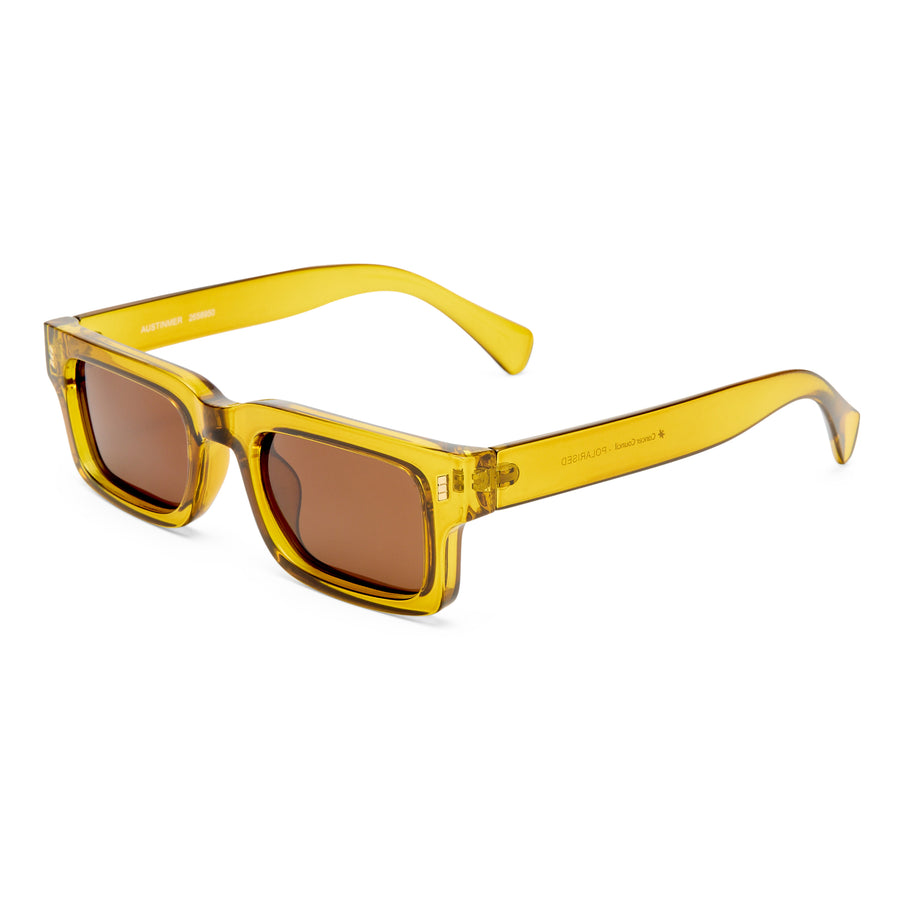 Yellow Austinmer sunglasses with brown lenses on a white background
