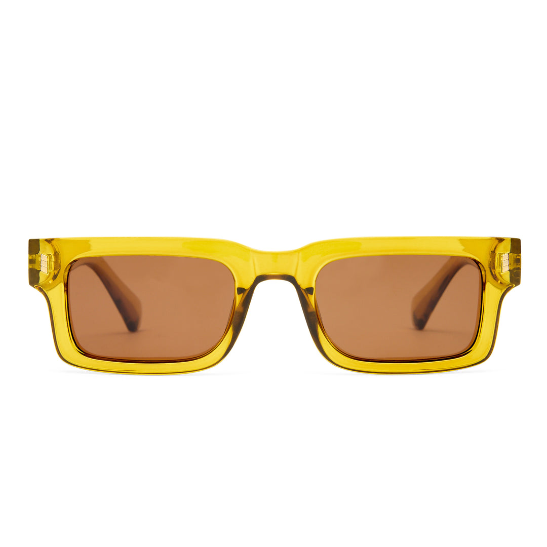 Yellow sunglasses with brown lenses on a white background