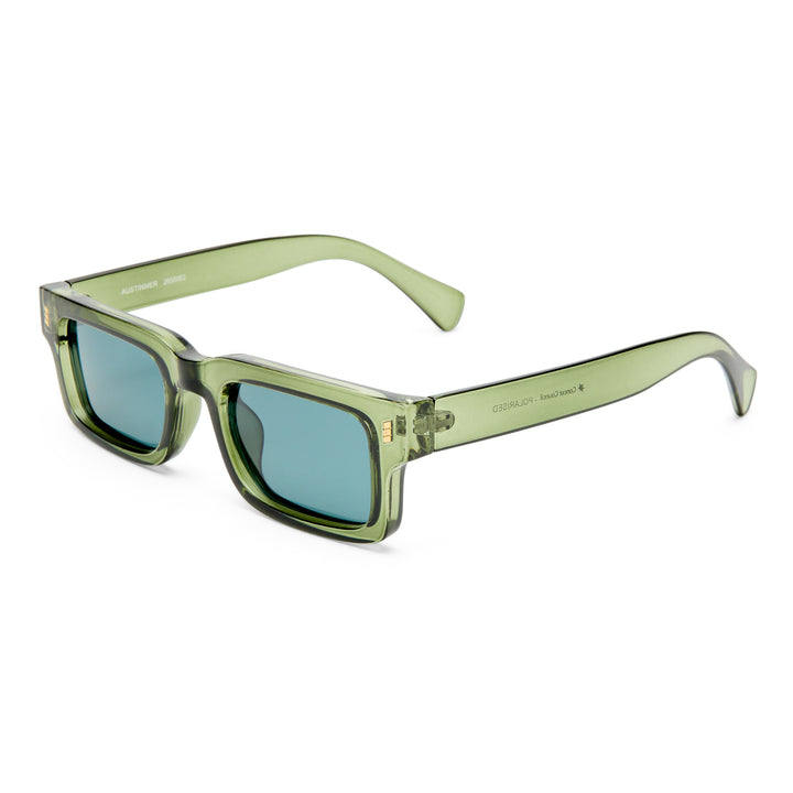 Austinmer Sunglasses in khaki green, angled view highlighting frame structure and temples