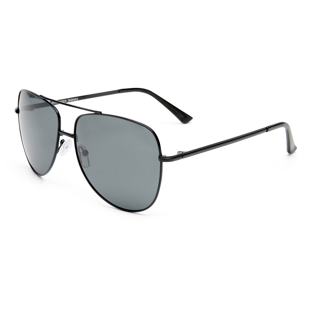 Black aviator sunglasses with reflective lenses on a white background