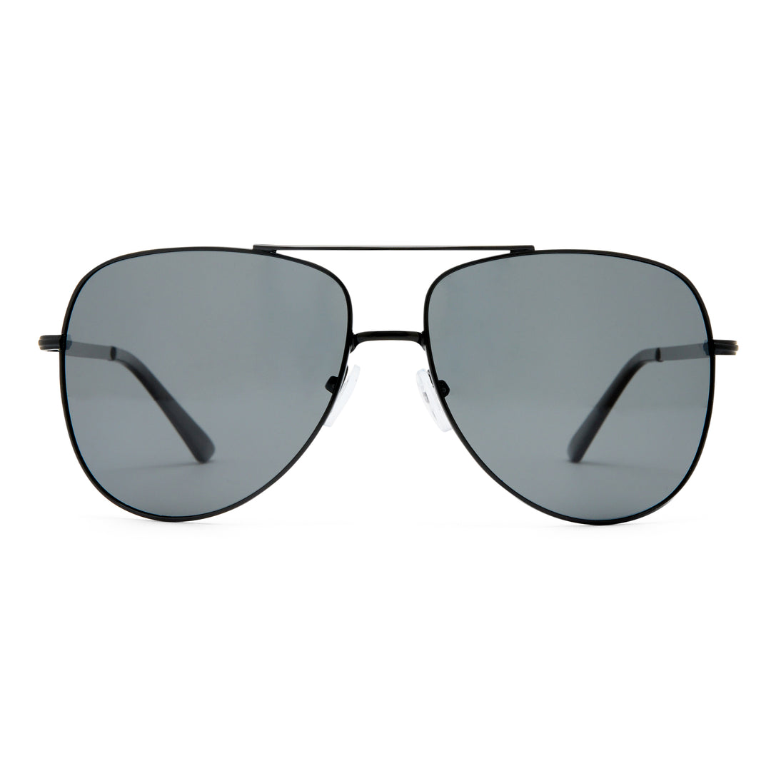 Aviator sunglasses with dark lenses on a white background