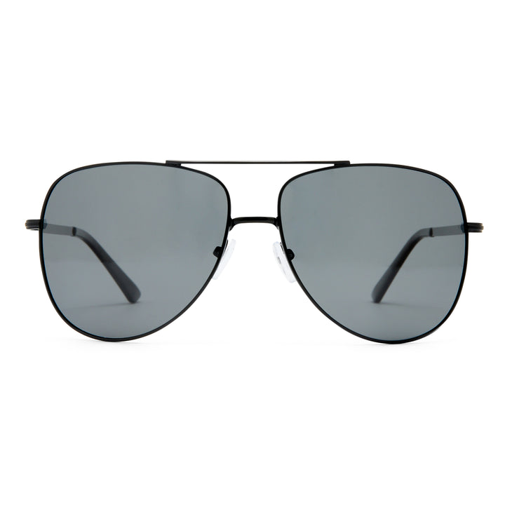 Aviator sunglasses with dark lenses on a white background