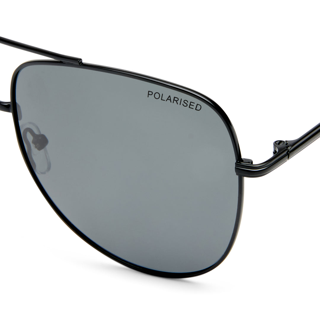 Polarized sunglasses with black frame and gray lenses on a white background