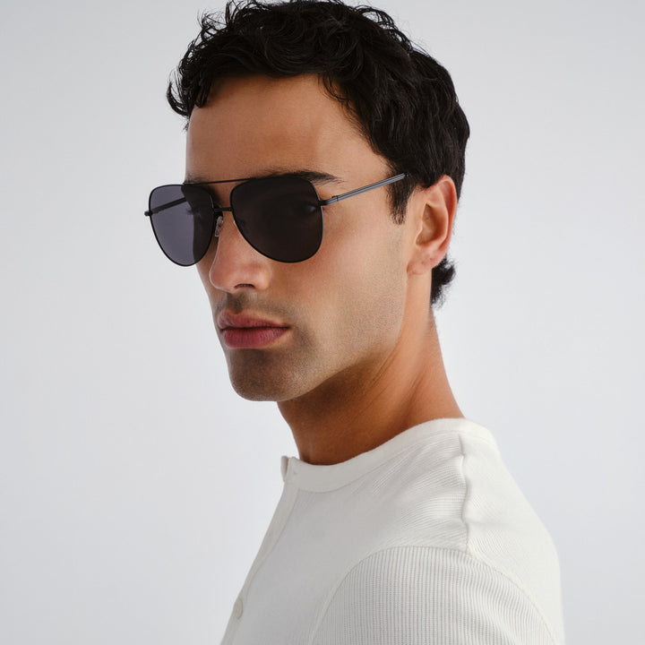 Man wearing dark sunglasses and a white shirt against a light gray background