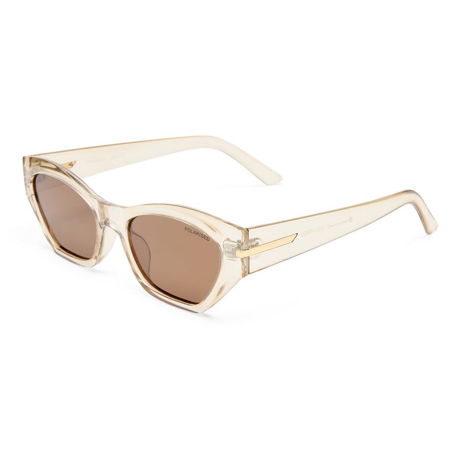 Sunglasses with dark lenses and transparent frame with gold details on a white background