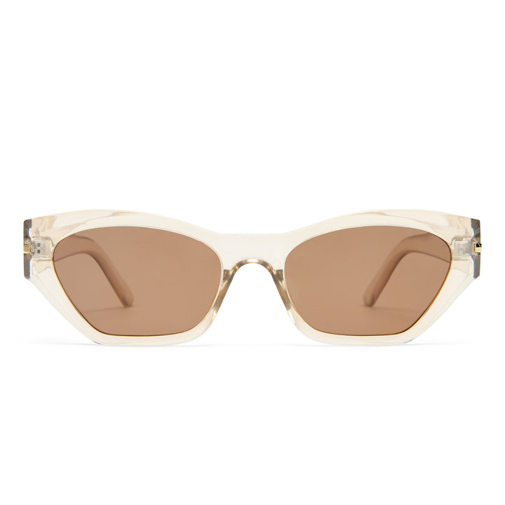 Sunglasses with beige frame and brown lenses on a white background