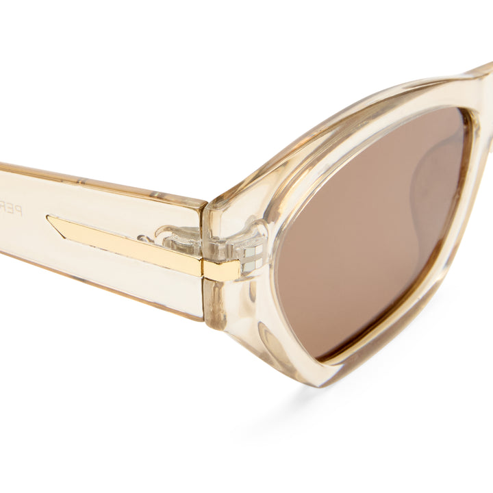 Gold-framed sunglasses with a brown lens on a white background